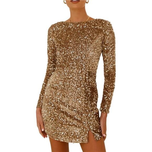 Women's Sequin Dress Velvet Warm Long Sleeve Khaki - Picture 1 of 6